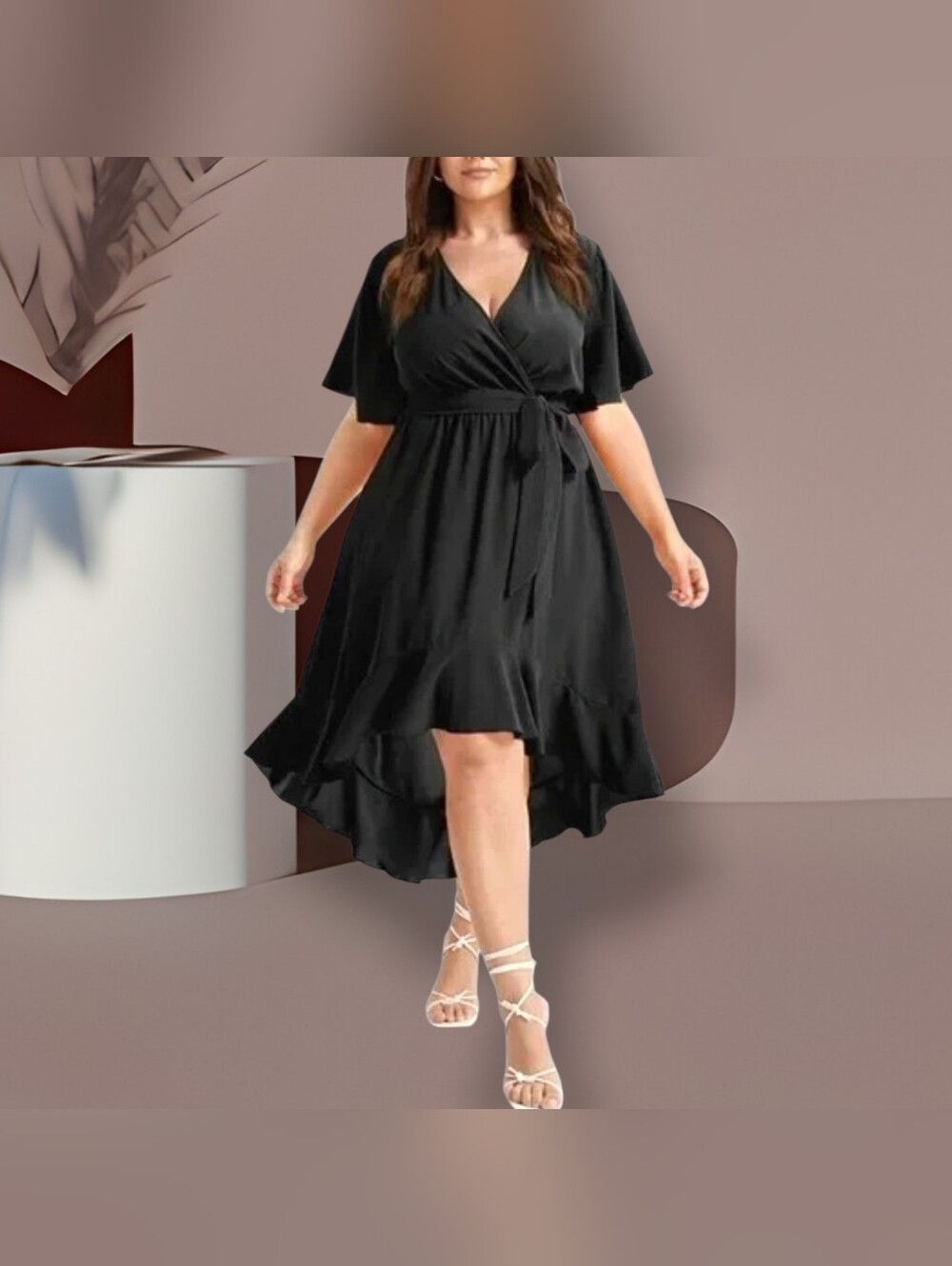 BloomChic Solid Tie Surplice Ruffle High-Low Dress